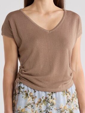 Max Studio Taupe V-Neck Short Sleeve Sweater Top